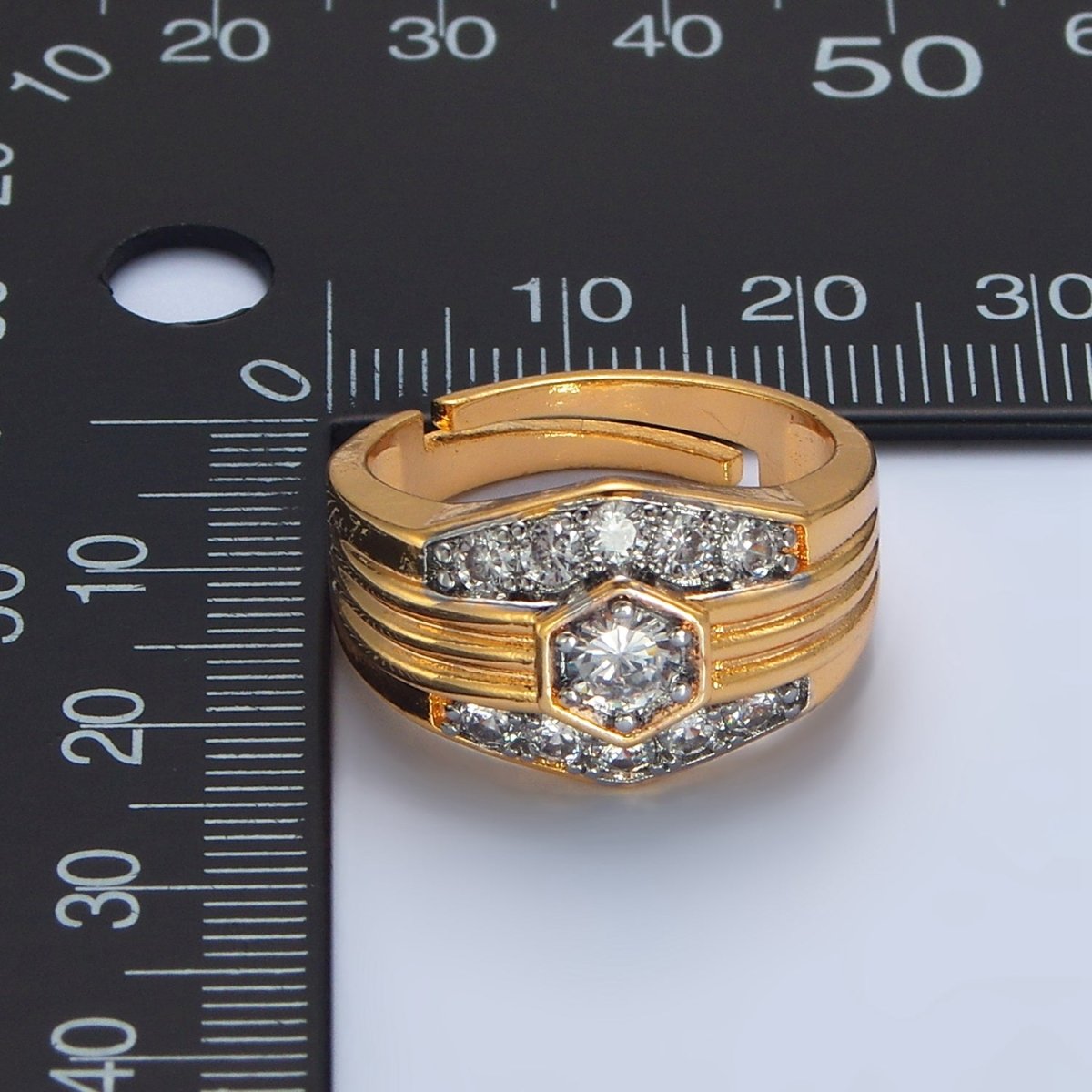 24K Gold Filled Hexagon Dome Micro Paved CZ Mixed Metal Ring | O1417 - DLUXCA