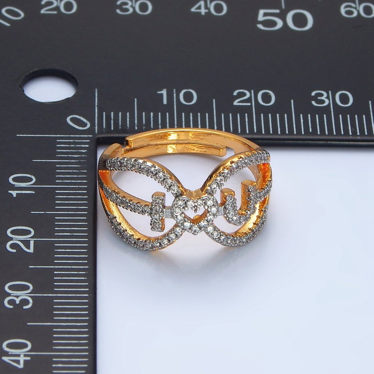 24K Gold Filled "I Love You" Micro Paved CZ Mixed Metal Open Ring | O1430 - DLUXCA