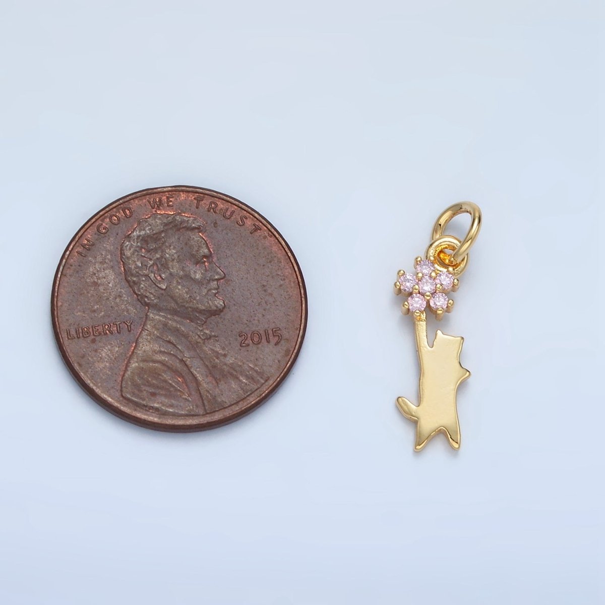 24K Gold Filled Kitten Cat Reach Pink Flower CZ Charm | X297 - DLUXCA