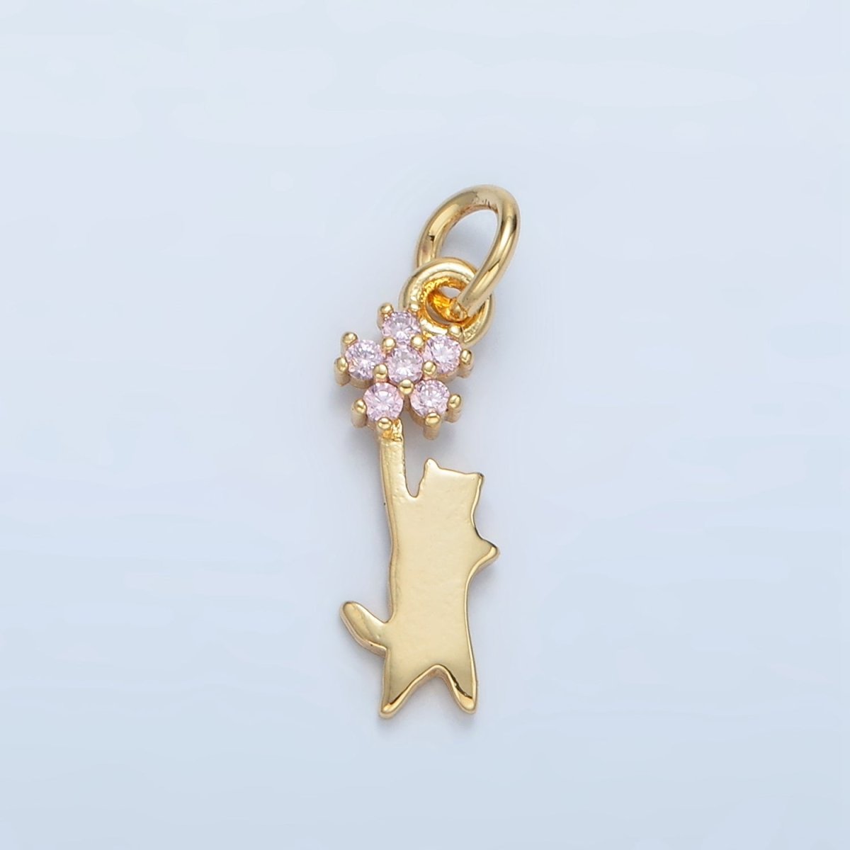 24K Gold Filled Kitten Cat Reach Pink Flower CZ Charm | X297 - DLUXCA