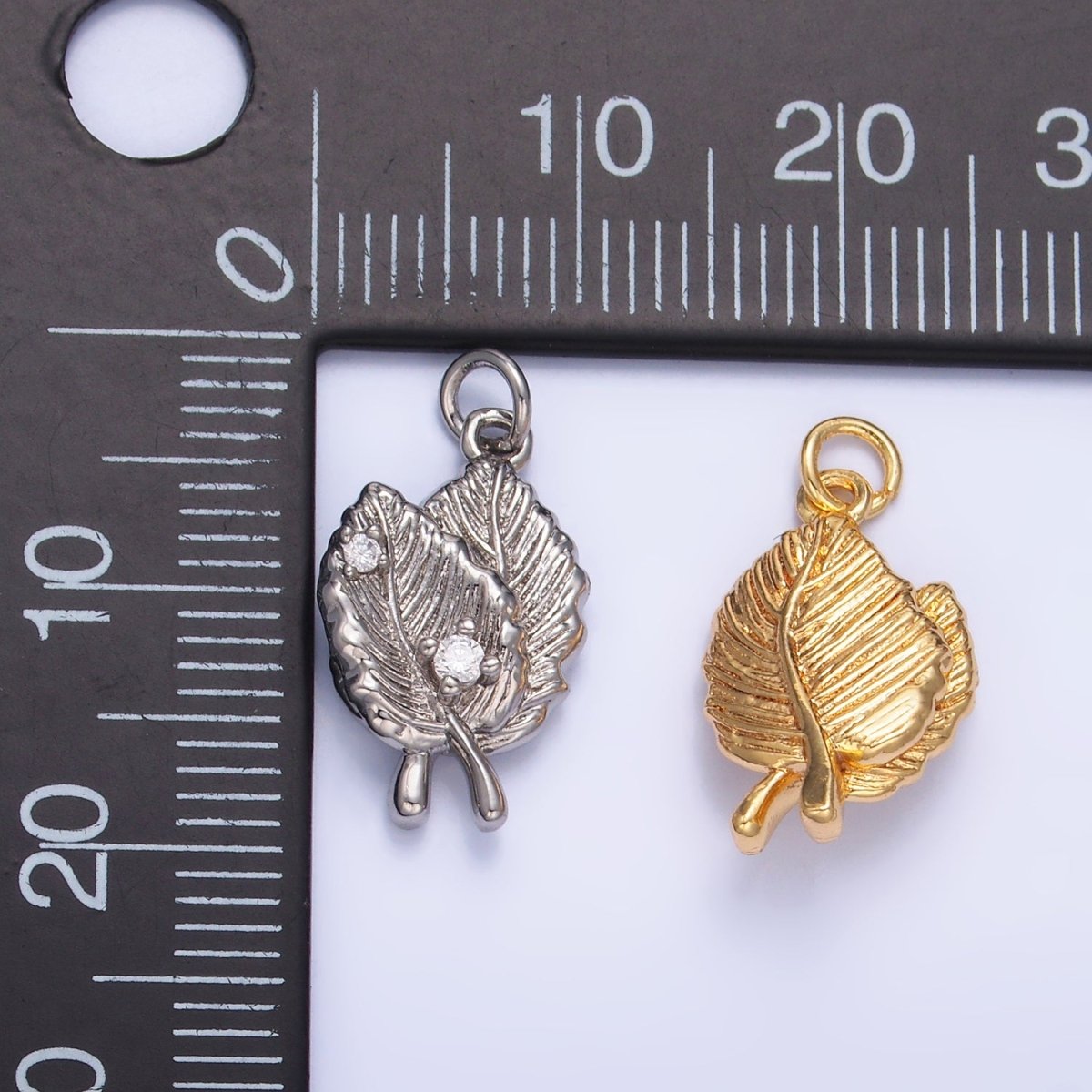 24K Gold Filled Leaf Nature CZ Multidimensional 3D Charm in Gold & Silver | W794 - DLUXCA