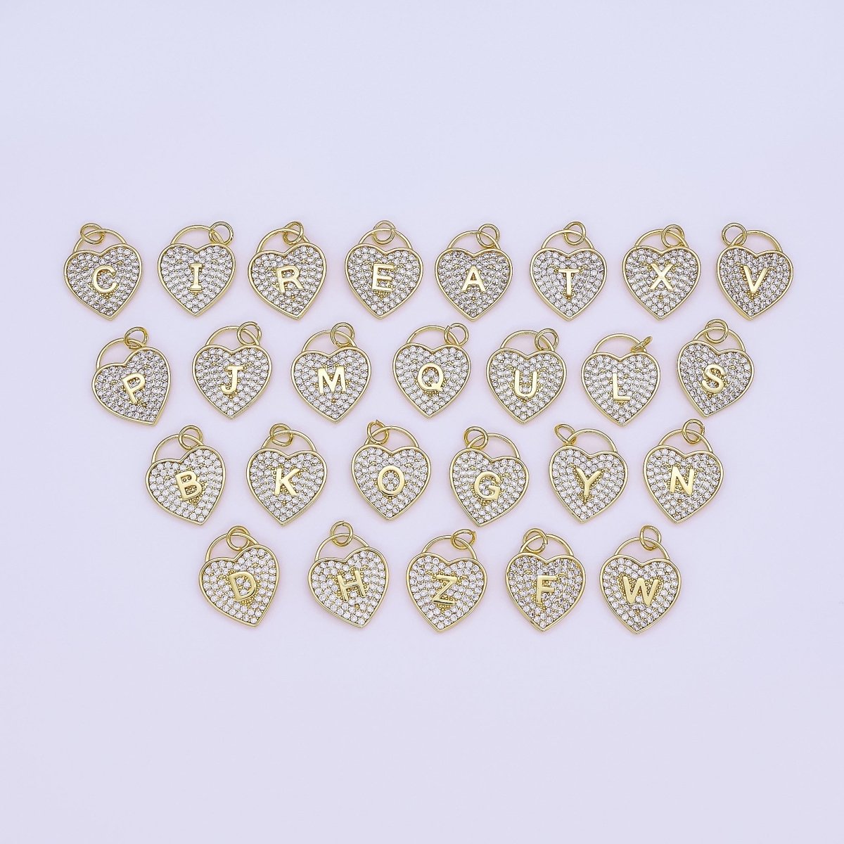 24K Gold Filled Letter Initial Micro Paved CZ Heart Padlock Charm | AF001 - AF013 - DLUXCA