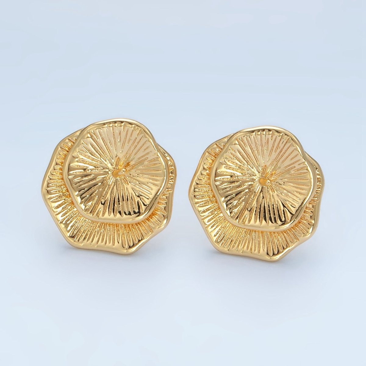 24K Gold Filled Line - Textured Double Flower Needle Drill Stud Earrings Findings | Z894 - DLUXCA