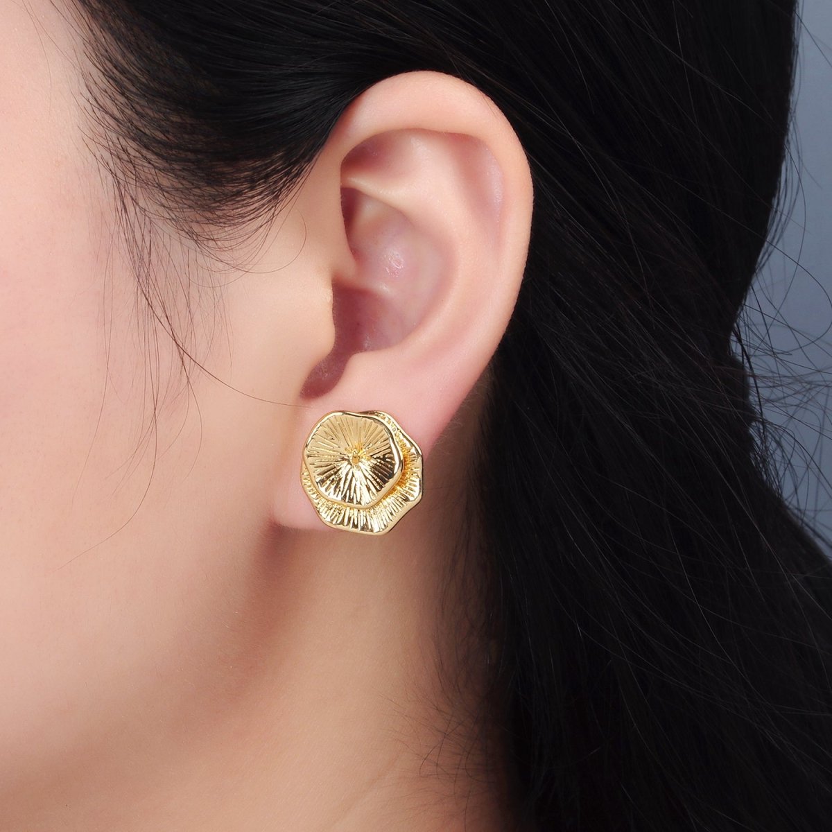 24K Gold Filled Line - Textured Double Flower Needle Drill Stud Earrings Findings | Z894 - DLUXCA