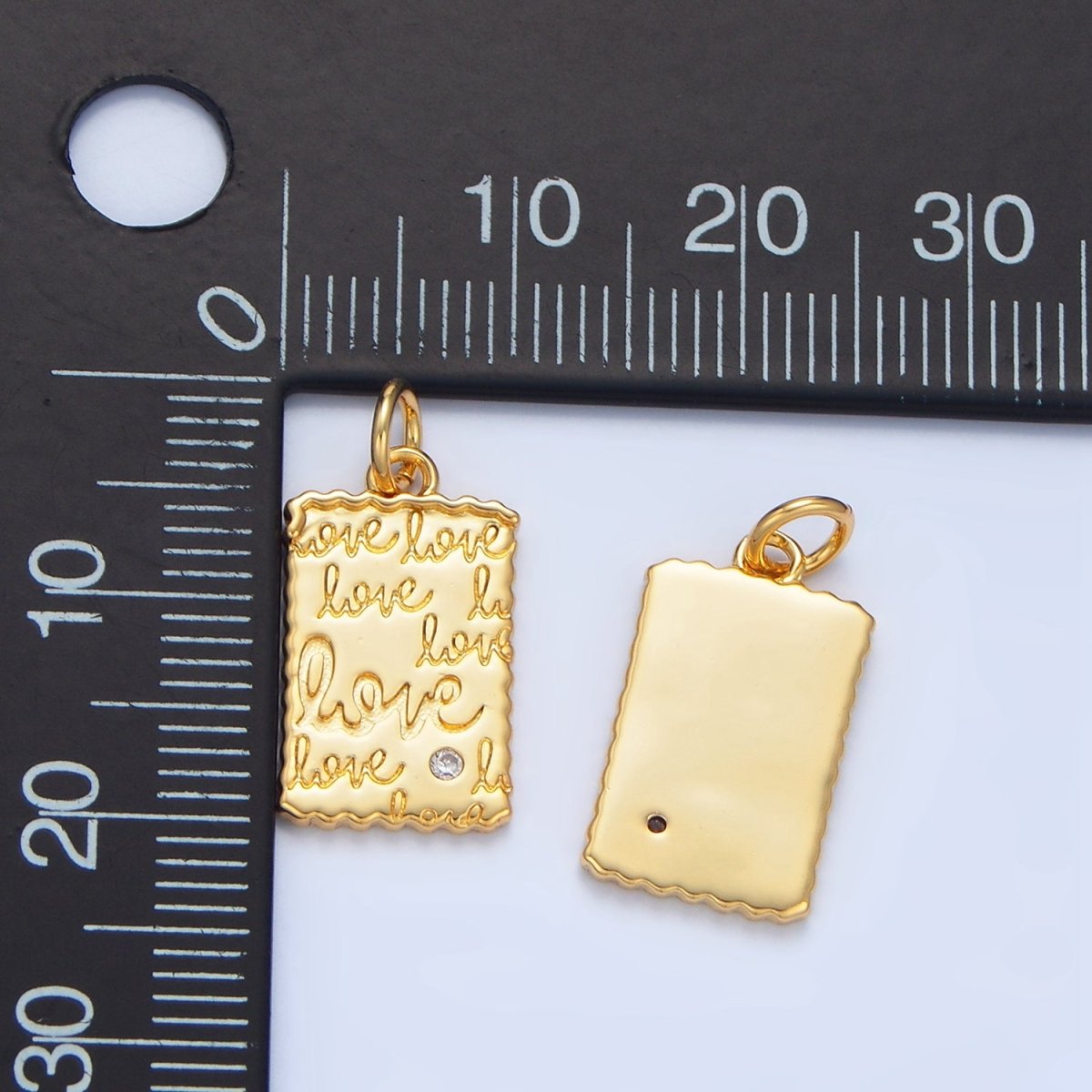 24K Gold Filled "Love" Cursive Script CZ Rectangle Charm | X839 - DLUXCA