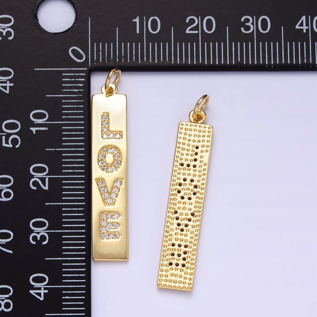 24K Gold Filled "LOVE" Micro Paved CZ Rectangular Tag Charm | E341 - DLUXCA