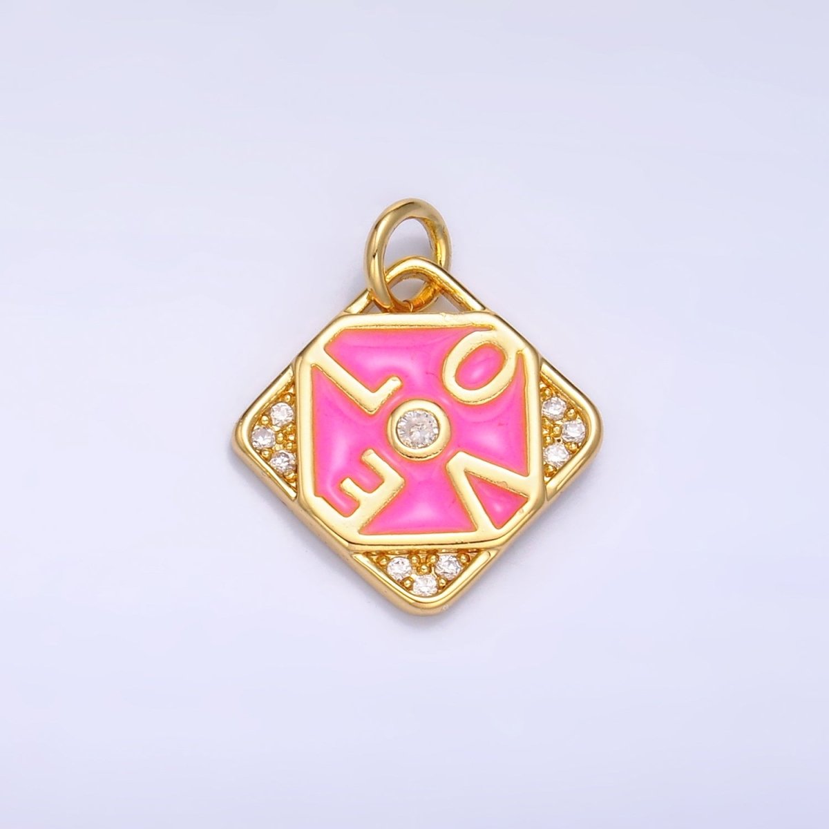 24K Gold Filled "LOVE" Script Enamel Micro Paved CZ Geometric Square Charm | W432 - DLUXCA