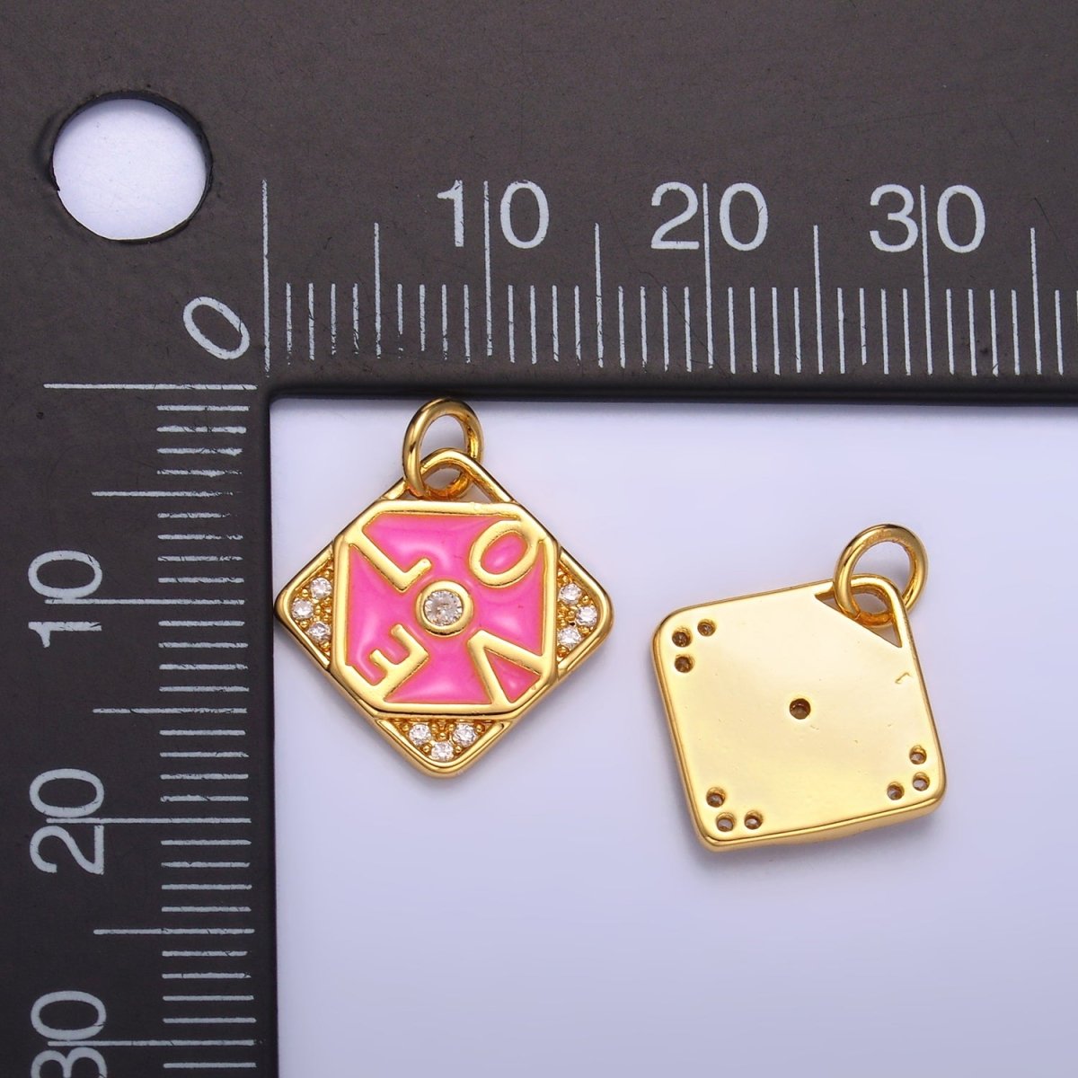 24K Gold Filled "LOVE" Script Enamel Micro Paved CZ Geometric Square Charm | W432 - DLUXCA