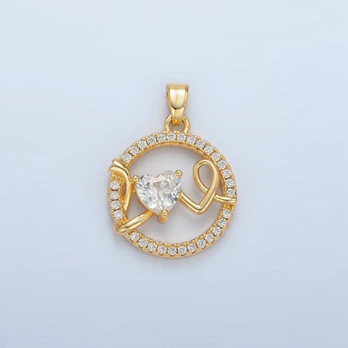 24K Gold Filled "Love" Script Heart CZ Micro Paved Open Round Pendant | AA891 - DLUXCA