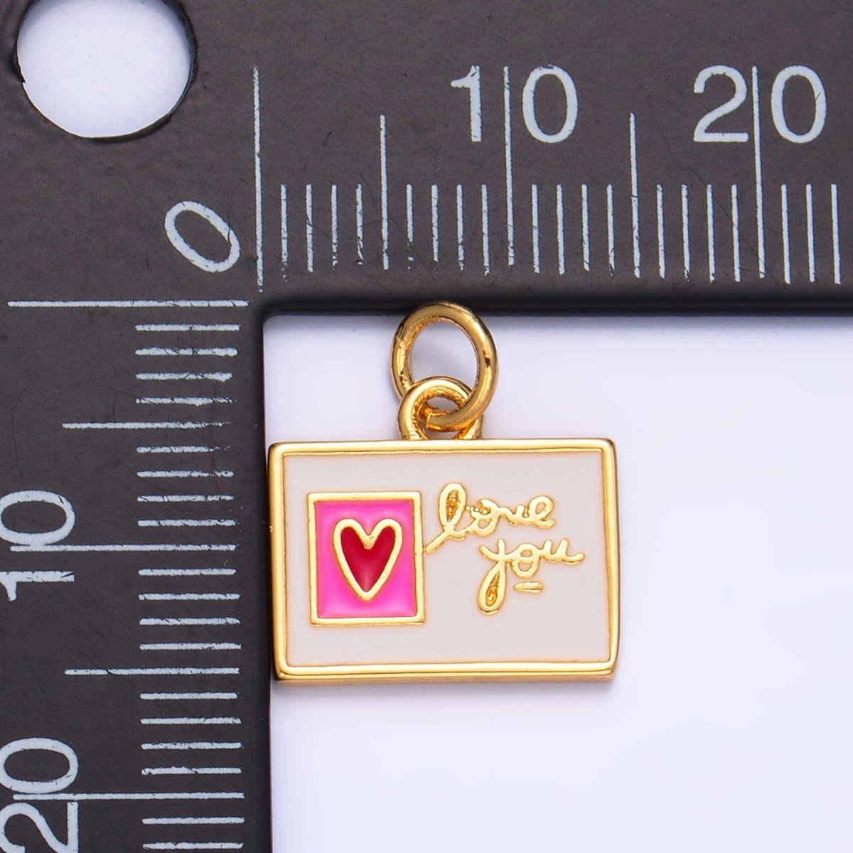 24K Gold Filled "Love You" Script Enamel Post Card Charm | W276 - DLUXCA