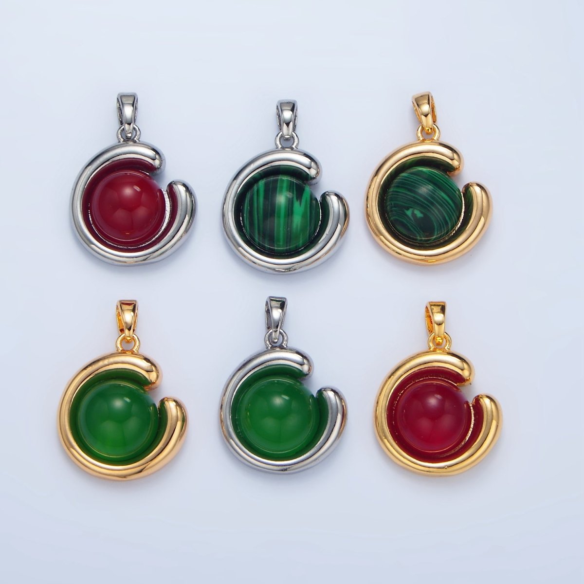 24K Gold Filled Malachite, Carnelian, Aventurine Gemstone Curved Molten Pendant in Gold & Silver | AA976 - AA978 - DLUXCA