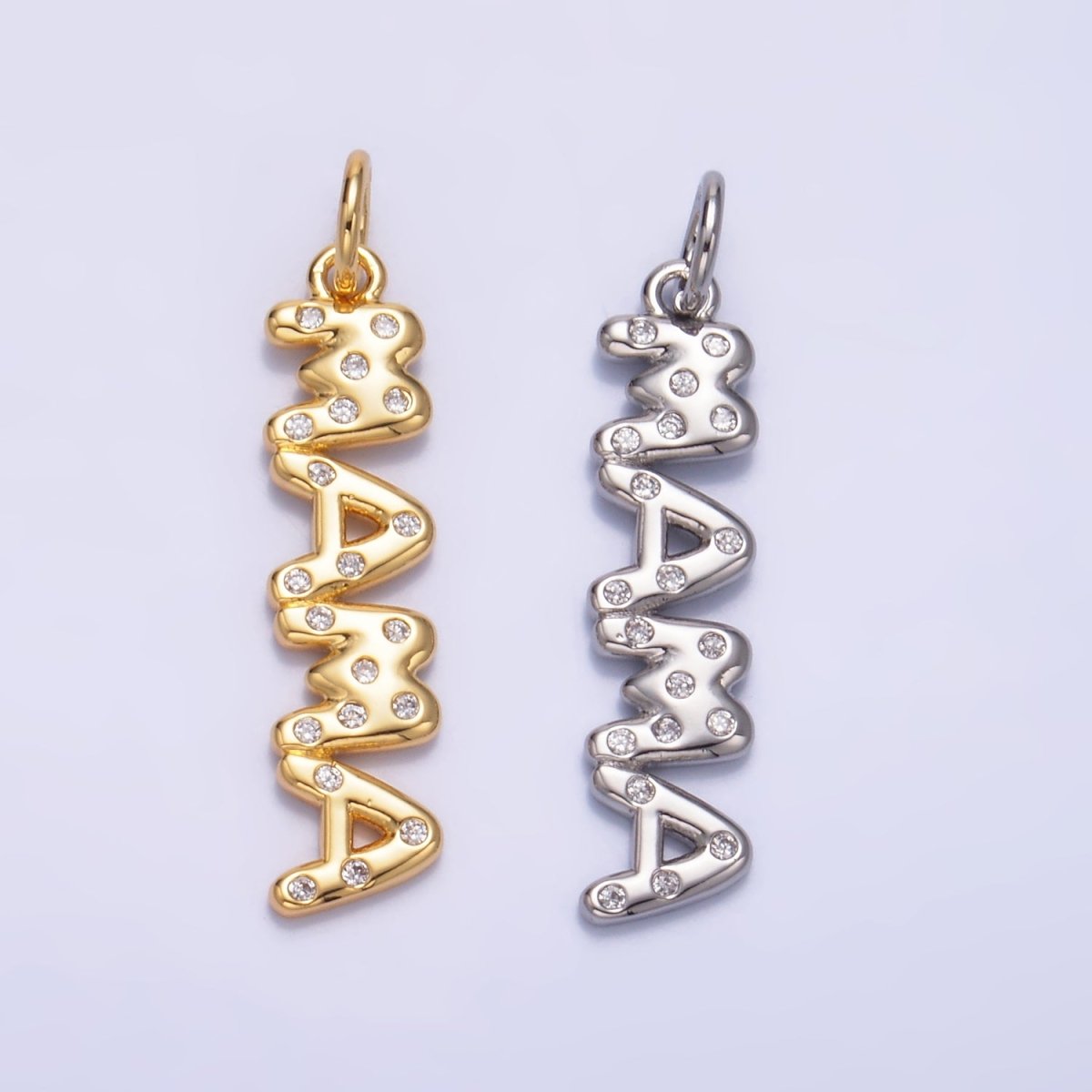 24K Gold Filled "MAMA" CZ Dotted Script Charm in Gold & Silver | W220 - DLUXCA