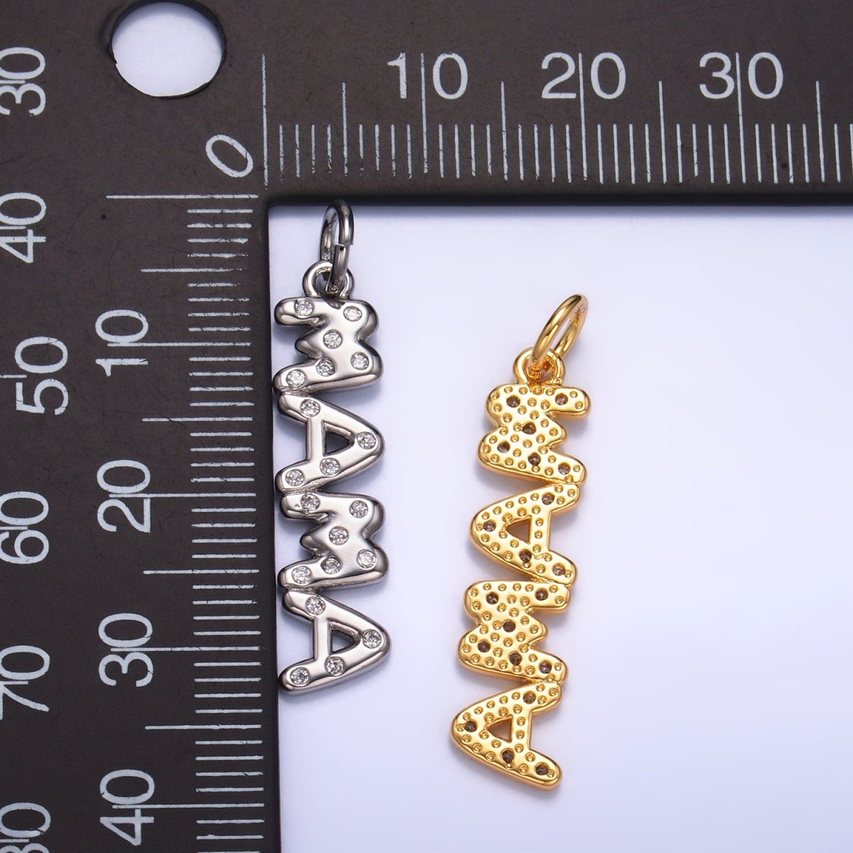 24K Gold Filled "MAMA" CZ Dotted Script Charm in Gold & Silver | W220 - DLUXCA