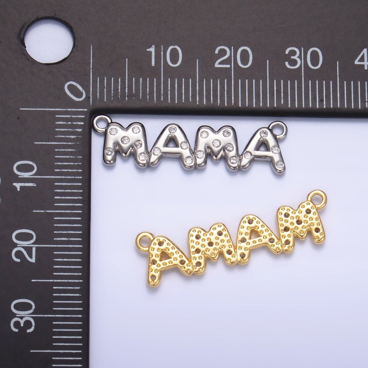 24K Gold Filled "MAMA" CZ Dotted Script Connector in Gold & Silver | F865 - DLUXCA