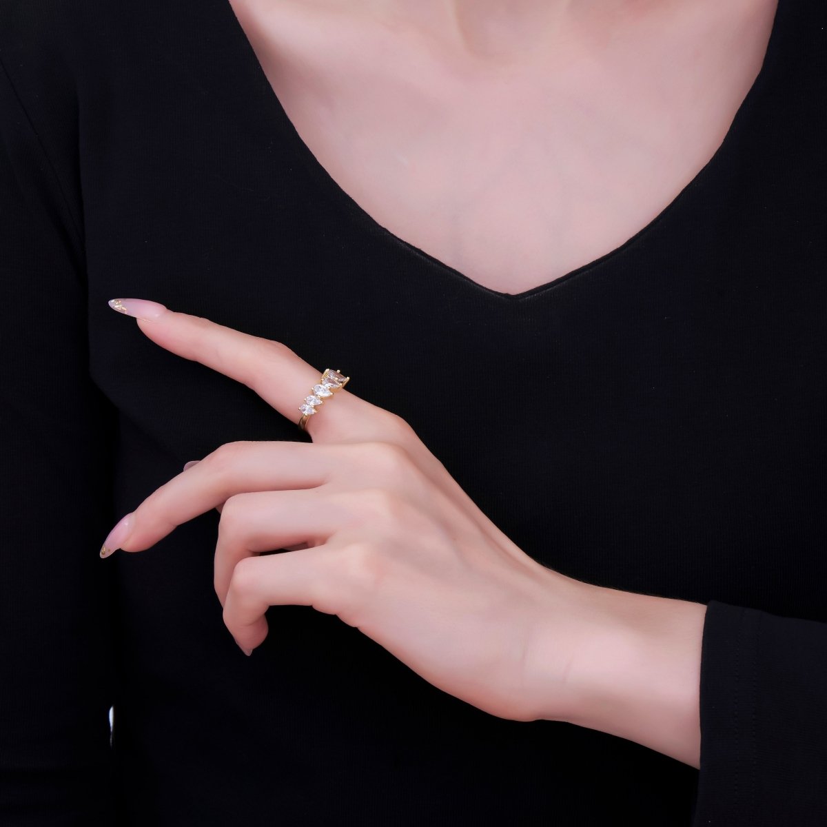 24K Gold Filled Marquise CZ 5 - Diagonal Sets Solitaire Adjustable Ring | O - 1083 - DLUXCA