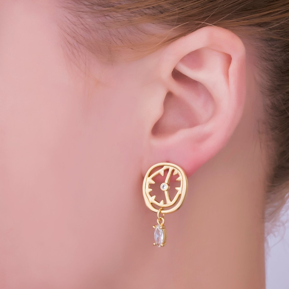 24K Gold Filled Marquise CZ Abstract Clock Drop Stud Earrings | AJ - 046 - DLUXCA