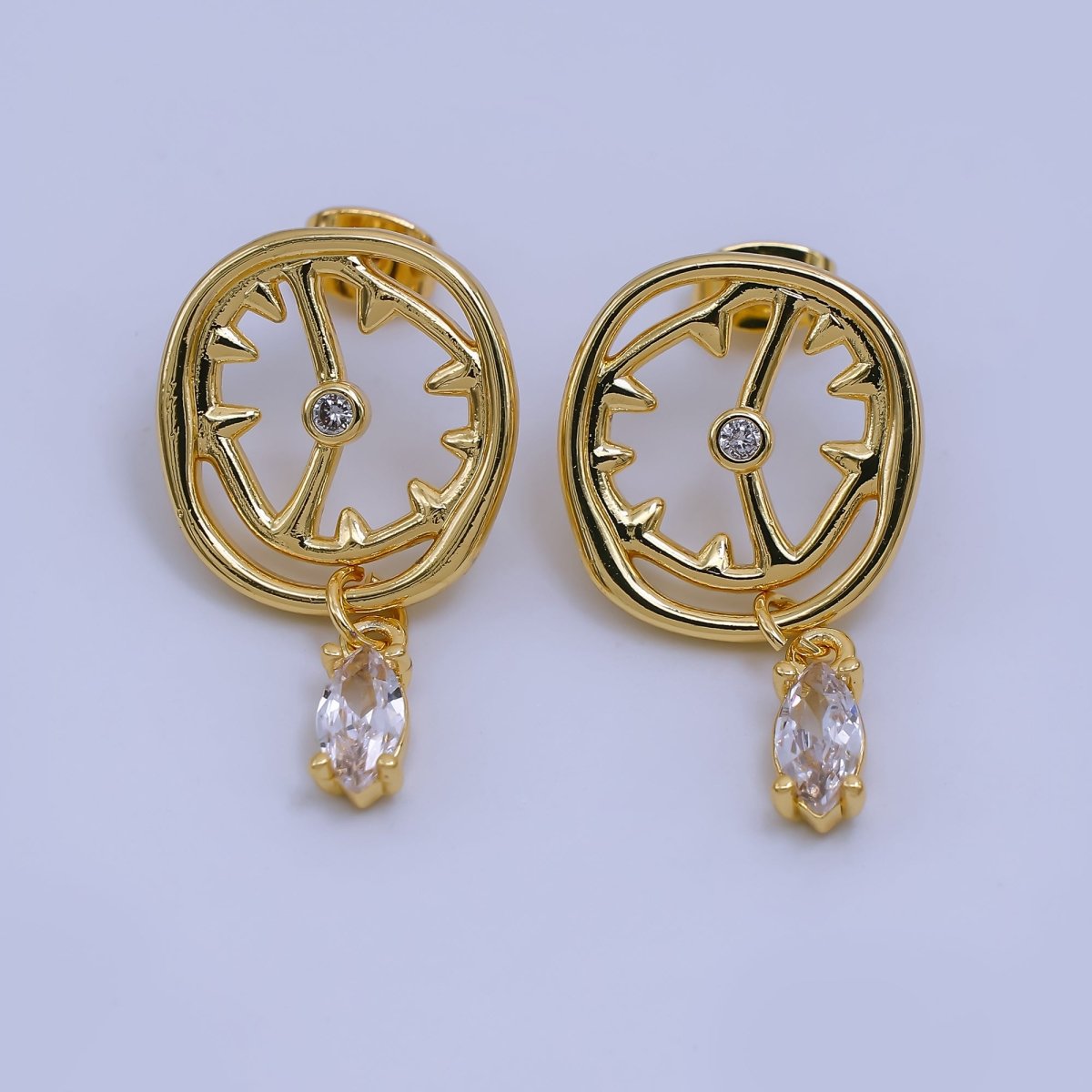 24K Gold Filled Marquise CZ Abstract Clock Drop Stud Earrings | AJ - 046 - DLUXCA