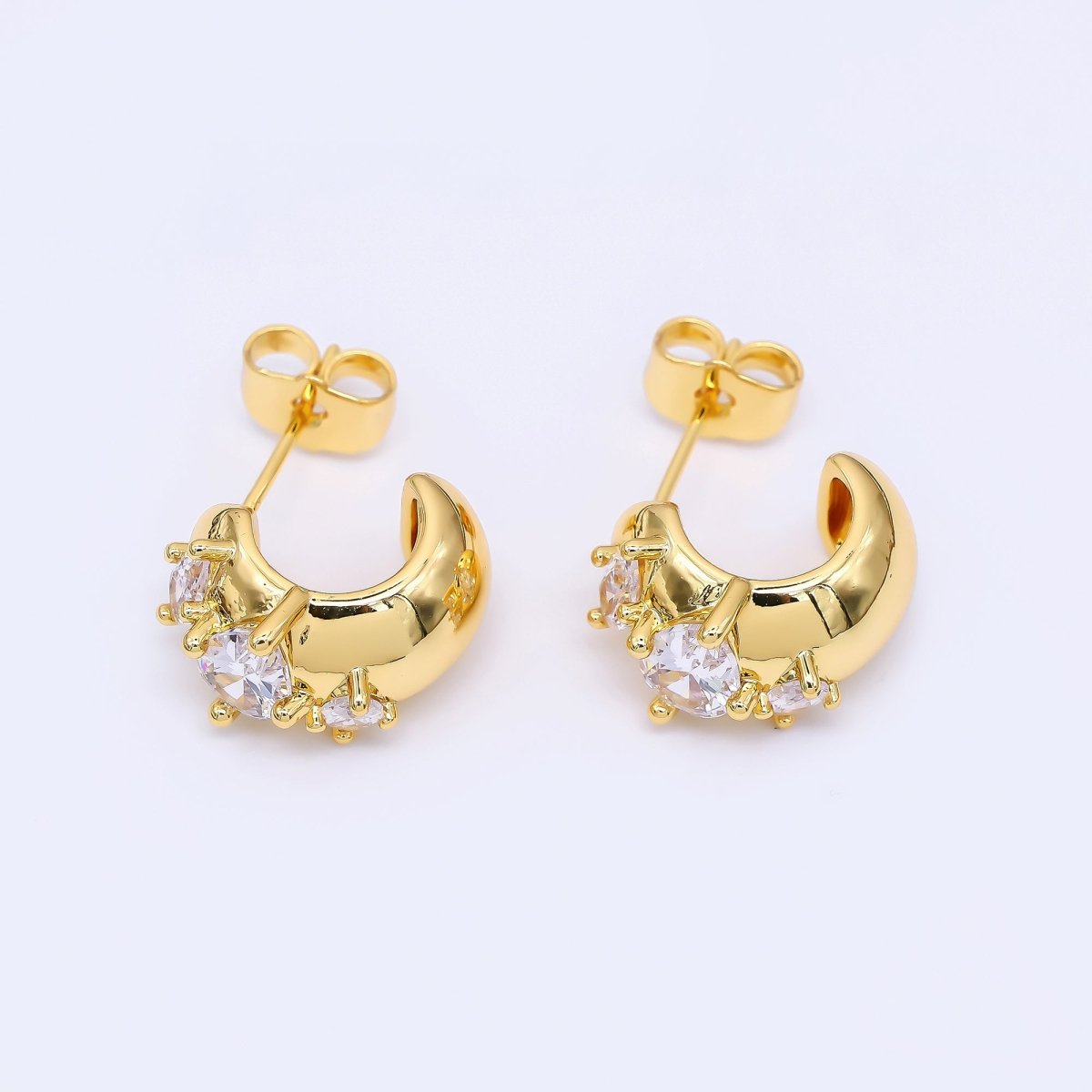 24K Gold Filled Marquise CZ C - Shaped Crescent Moon Dainty Stud Earrings | T - 227 - DLUXCA