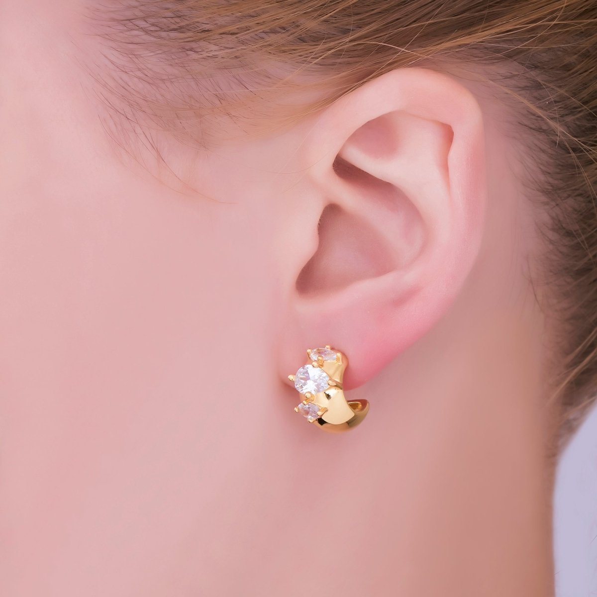 24K Gold Filled Marquise CZ C - Shaped Crescent Moon Dainty Stud Earrings | T - 227 - DLUXCA