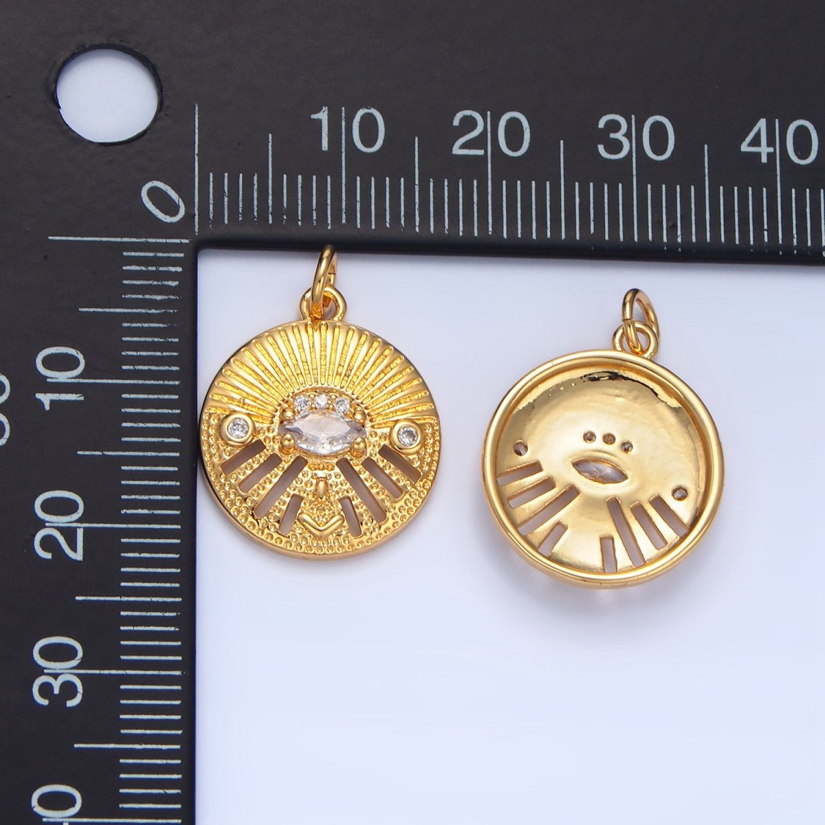 24K Gold Filled Marquise CZ Evil Eye Textured Geometric Open Bar Round Charm | X820 - DLUXCA