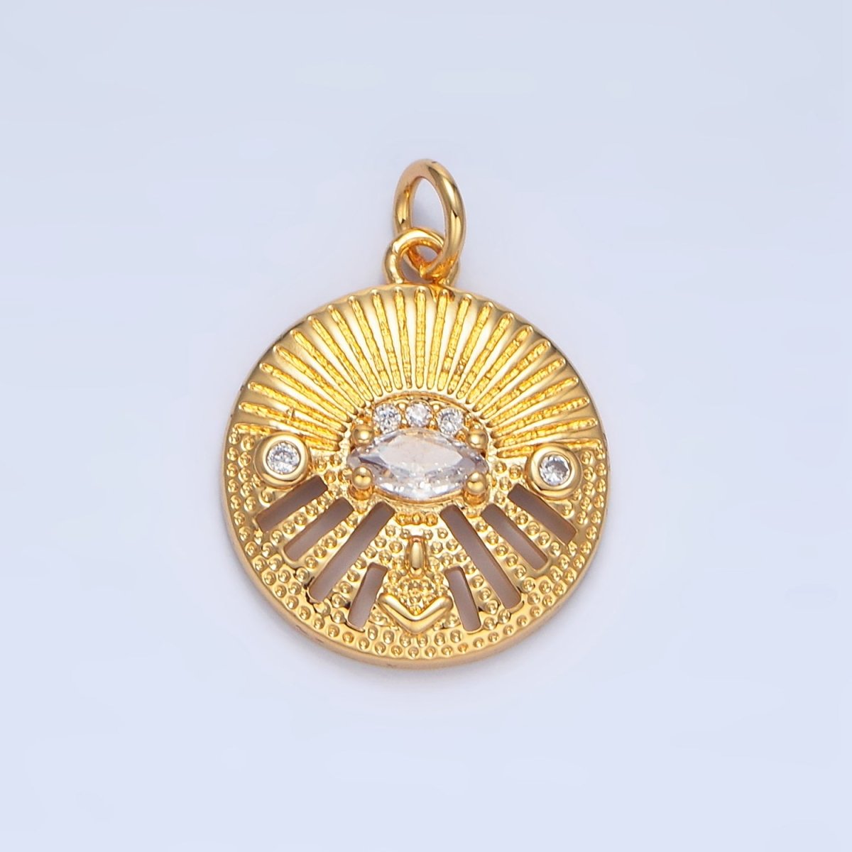 24K Gold Filled Marquise CZ Evil Eye Textured Geometric Open Bar Round Charm | X820 - DLUXCA