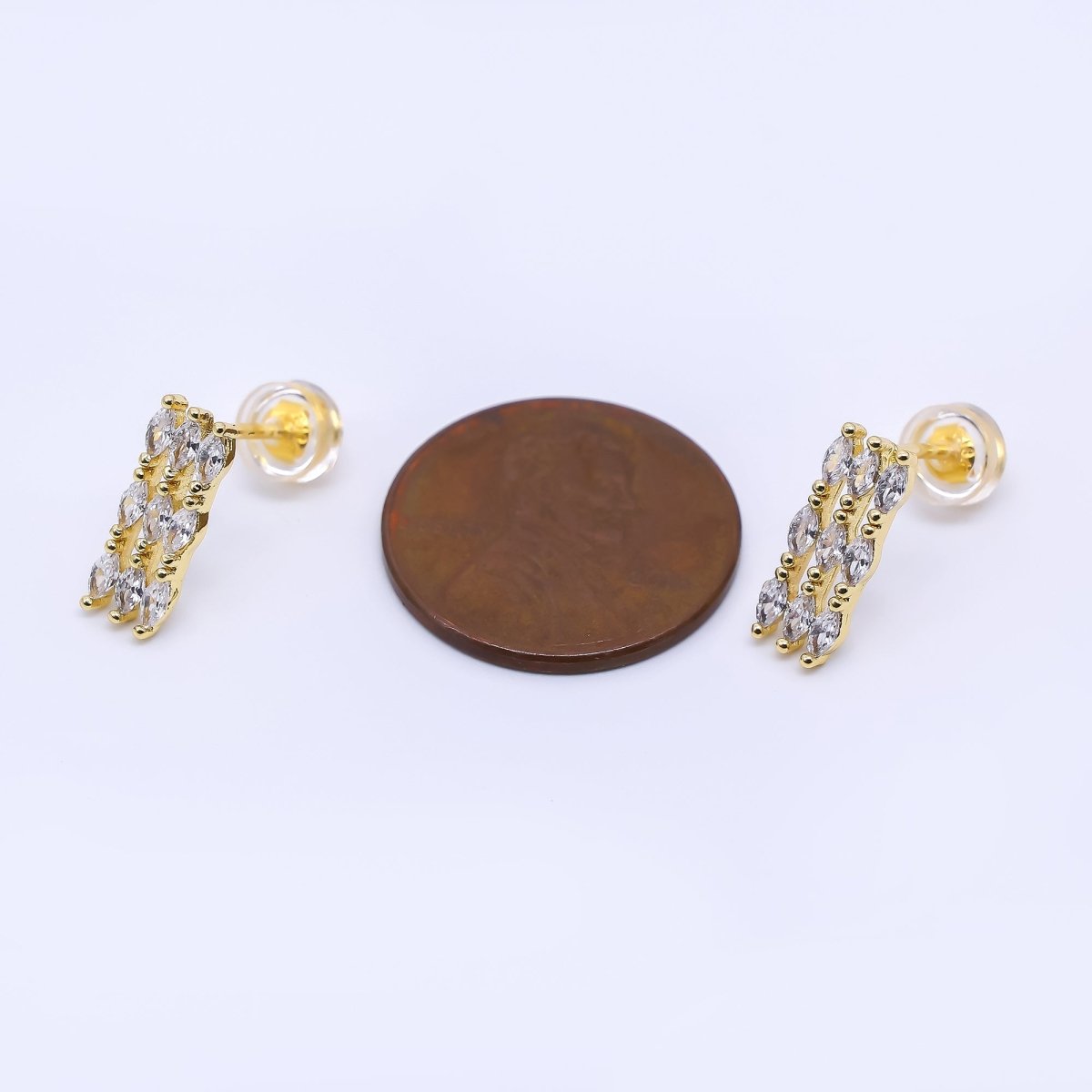 24K Gold Filled Marquise CZ Triple Lined Row Dropped Stud Earrings | AI - 452 - DLUXCA