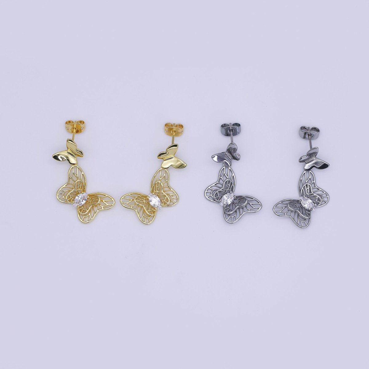 24K Gold Filled Marquise CZ Twin Butterfly Mariposa Stud Earrings in Gold & Silver | AJ024 AJ025 - DLUXCA