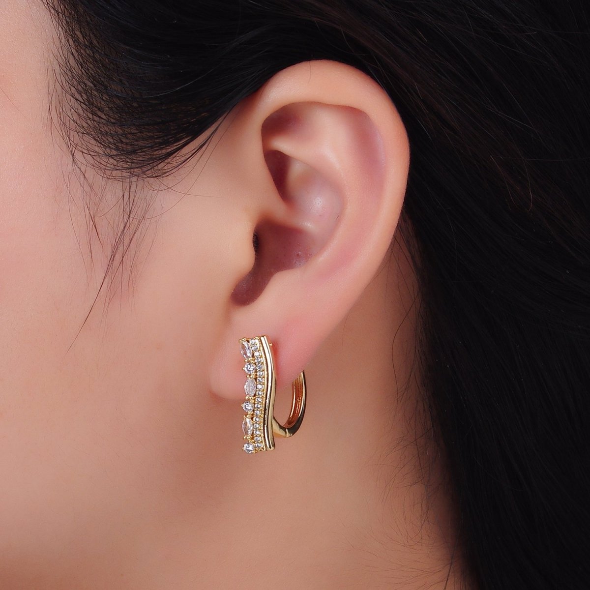 24K Gold Filled Marquise Micro Paved CZ Linear Huggie Earrings | AB687 - DLUXCA