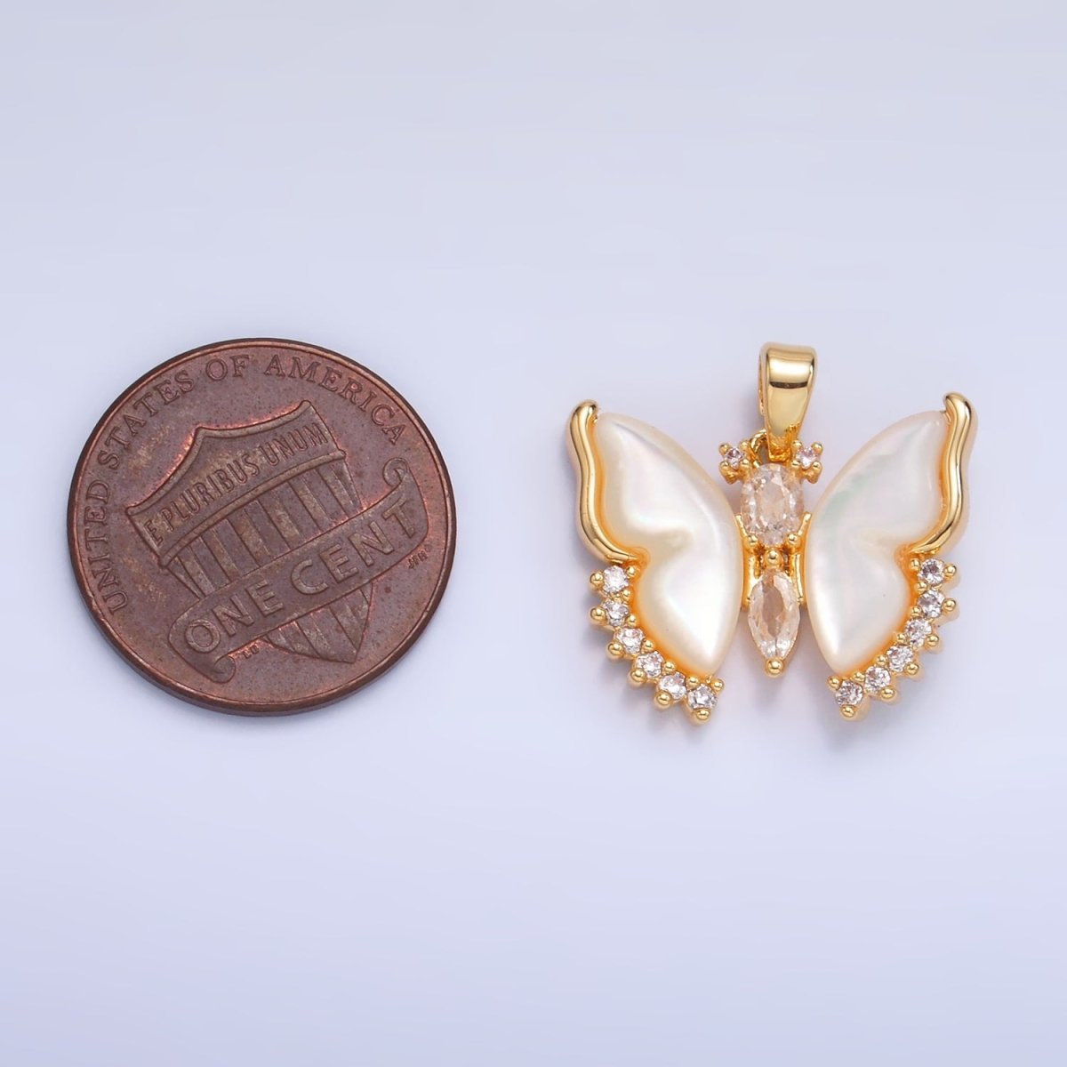 24K Gold Filled Marquise Micro Paved CZ Shell Pearl Butterfly Wings Pendant | AA1054 - DLUXCA