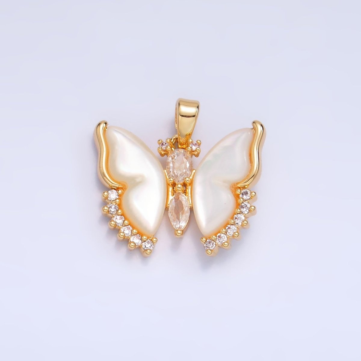 24K Gold Filled Marquise Micro Paved CZ Shell Pearl Butterfly Wings Pendant | AA1054 - DLUXCA