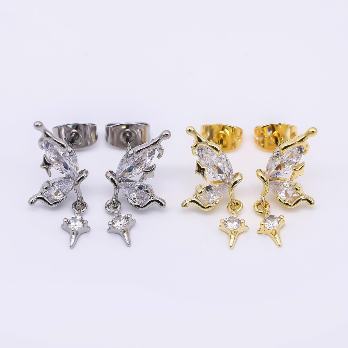 24K Gold Filled Marquise & Teardrop CZ Butterfly Wings Set Drop Studs Earrings in Gold & Silver | AJ - 038 AJ - 039 - DLUXCA