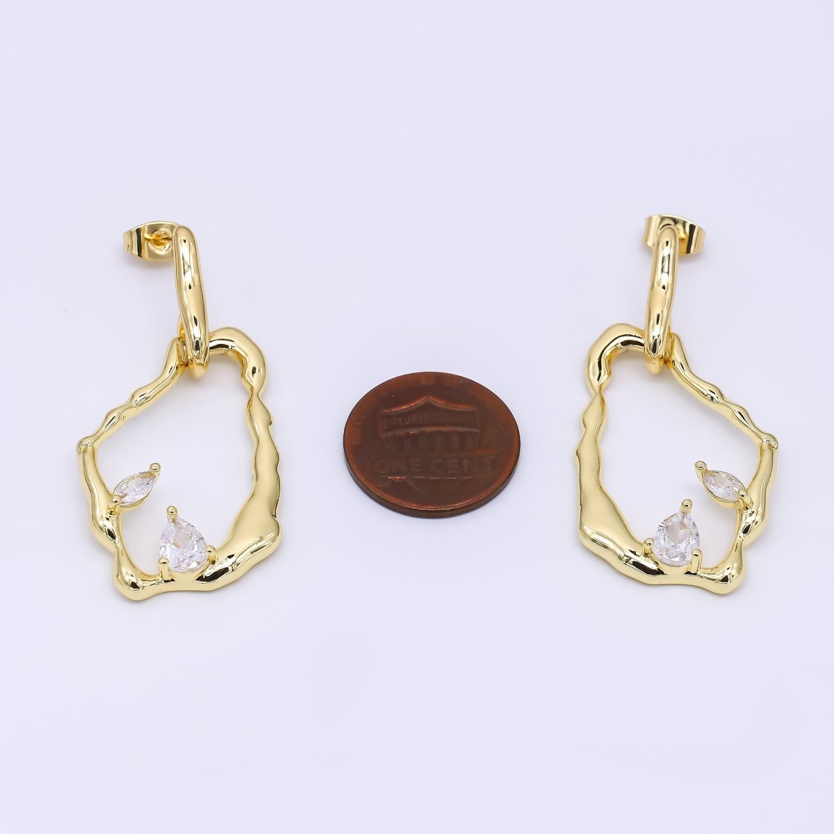 24K Gold Filled Marquise & Teardrop CZ Molten Rectangular Abstract Drop Stud Earrings | AJ - 073 - DLUXCA