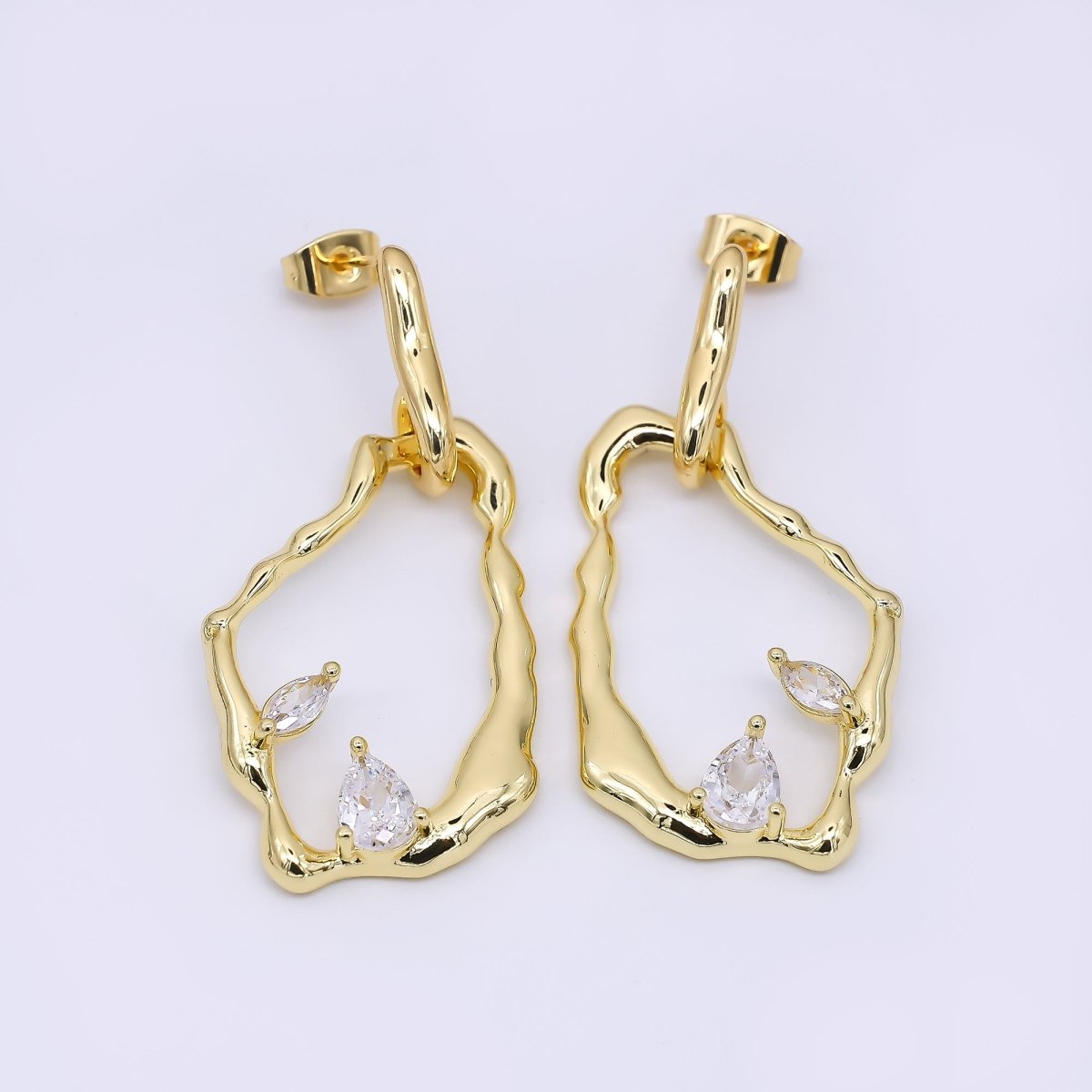 24K Gold Filled Marquise & Teardrop CZ Molten Rectangular Abstract Drop Stud Earrings | AJ - 073 - DLUXCA