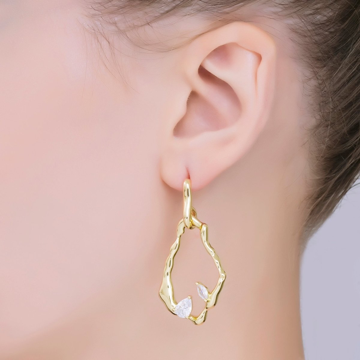 24K Gold Filled Marquise & Teardrop CZ Molten Rectangular Abstract Drop Stud Earrings | AJ - 073 - DLUXCA