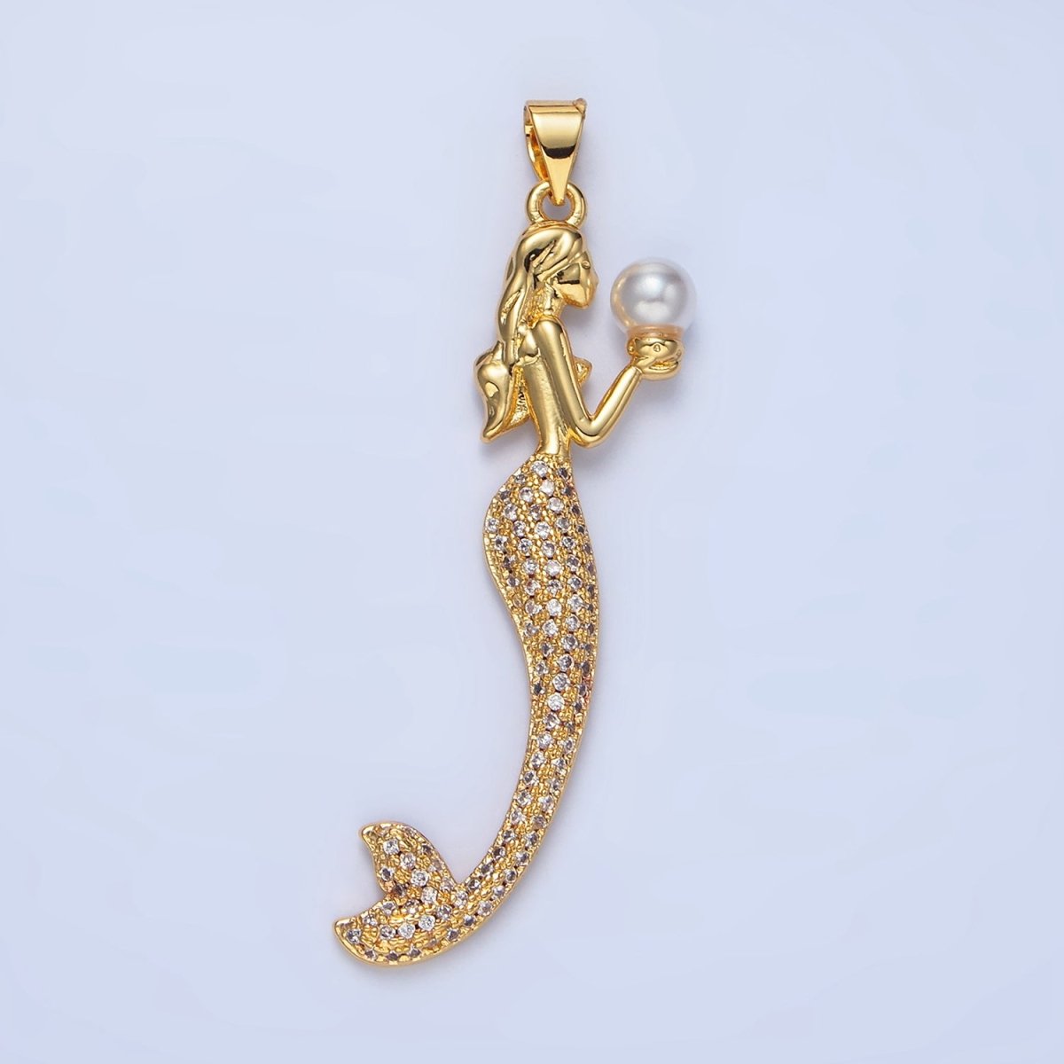 24K Gold Filled Mermaid Shell Pearl Micro Paved CZ Pendant | AA968 - DLUXCA