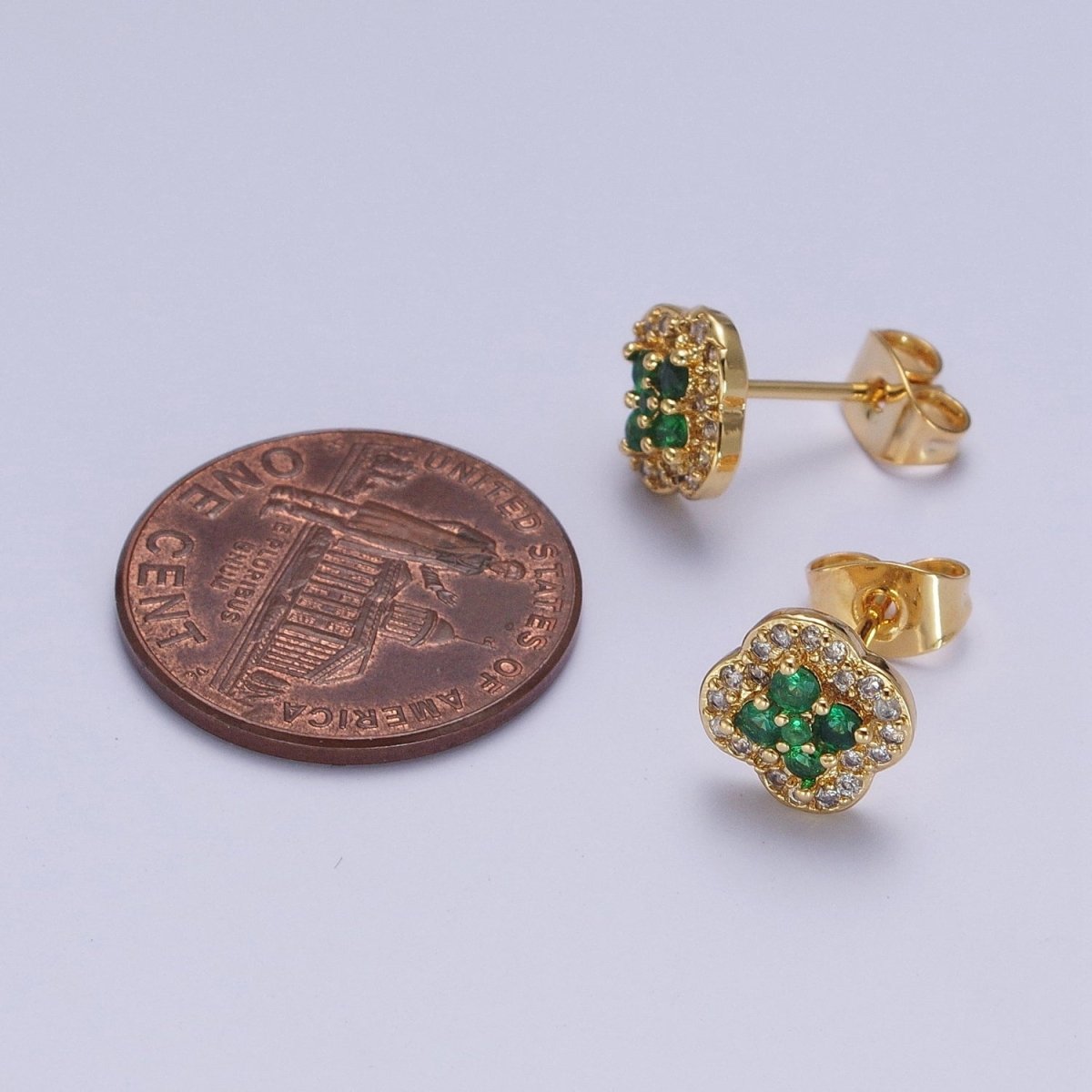 24K Gold Filled Micro Pave Green & Clear Cubic Zirconia Lucky Clover Leaf Stud Earrings | AD - 512 - DLUXCA