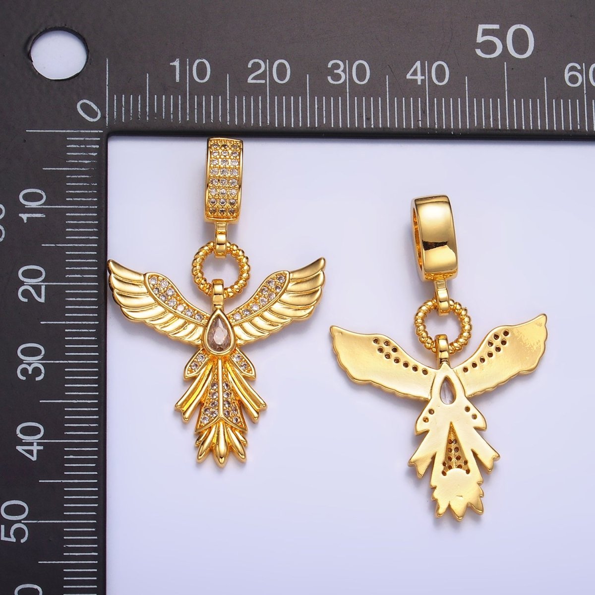 24K Gold Filled Micro Paved CZ Angel Feather Drop Bail Pendant | AA1091 - DLUXCA