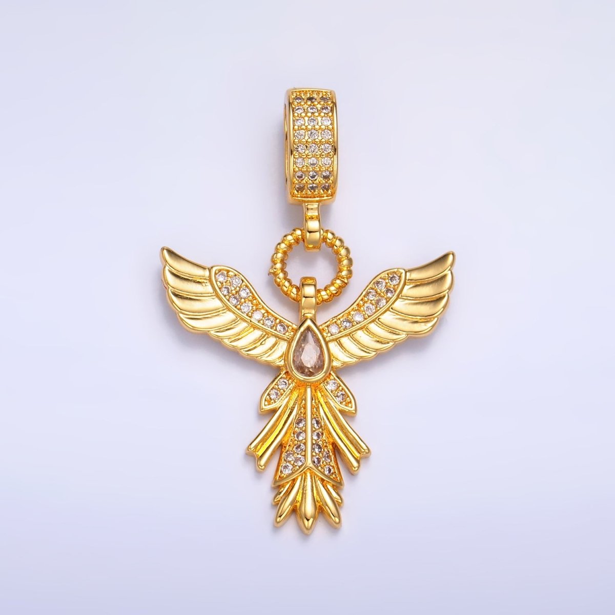 24K Gold Filled Micro Paved CZ Angel Feather Drop Bail Pendant | AA1091 - DLUXCA