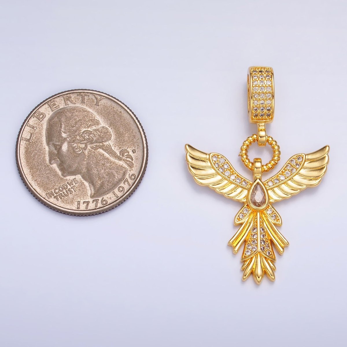 24K Gold Filled Micro Paved CZ Angel Feather Drop Bail Pendant | AA1091 - DLUXCA