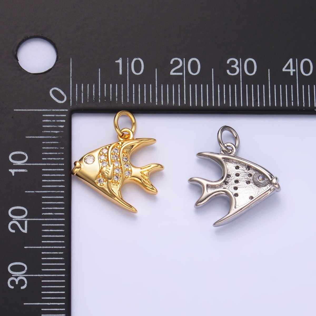 24K Gold Filled Micro Paved CZ Angel Fish Charm in Gold & Silver | W442 - DLUXCA