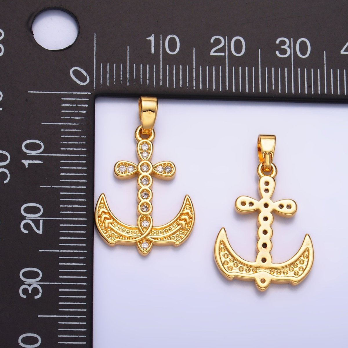 24K Gold Filled Micro Paved CZ Artisan Cross Anchor Pendant | AA1060 - DLUXCA