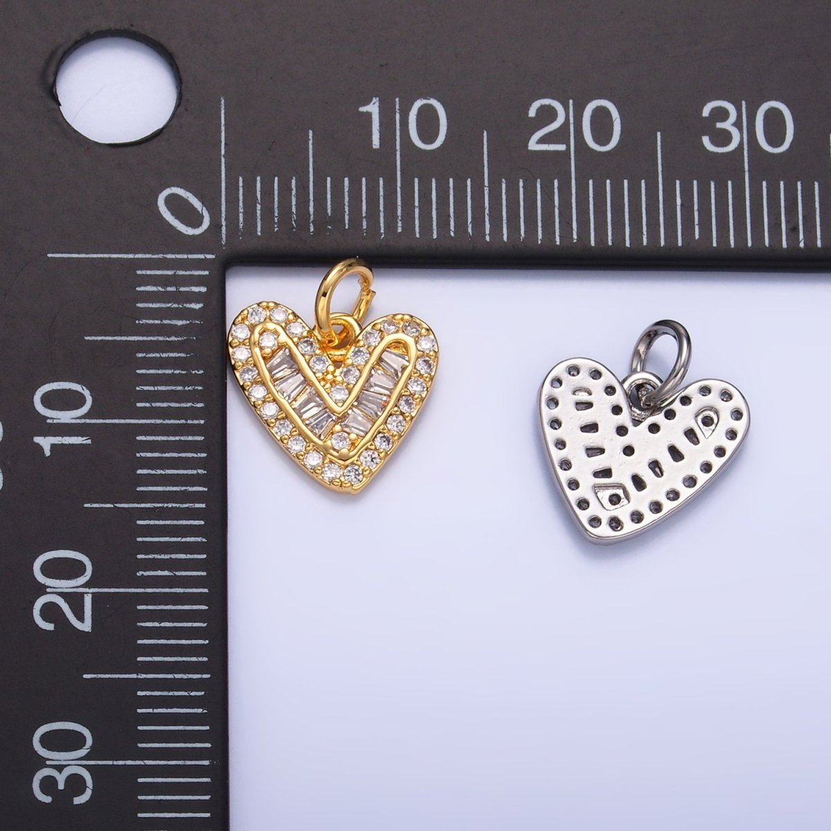 24K Gold Filled Micro Paved CZ Baguette Heart Charm in Gold & Silver | W446 - DLUXCA