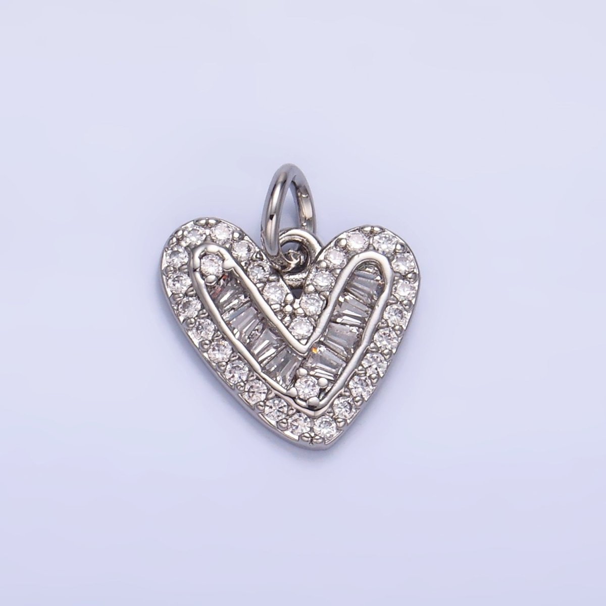 24K Gold Filled Micro Paved CZ Baguette Heart Charm in Gold & Silver | W446 - DLUXCA