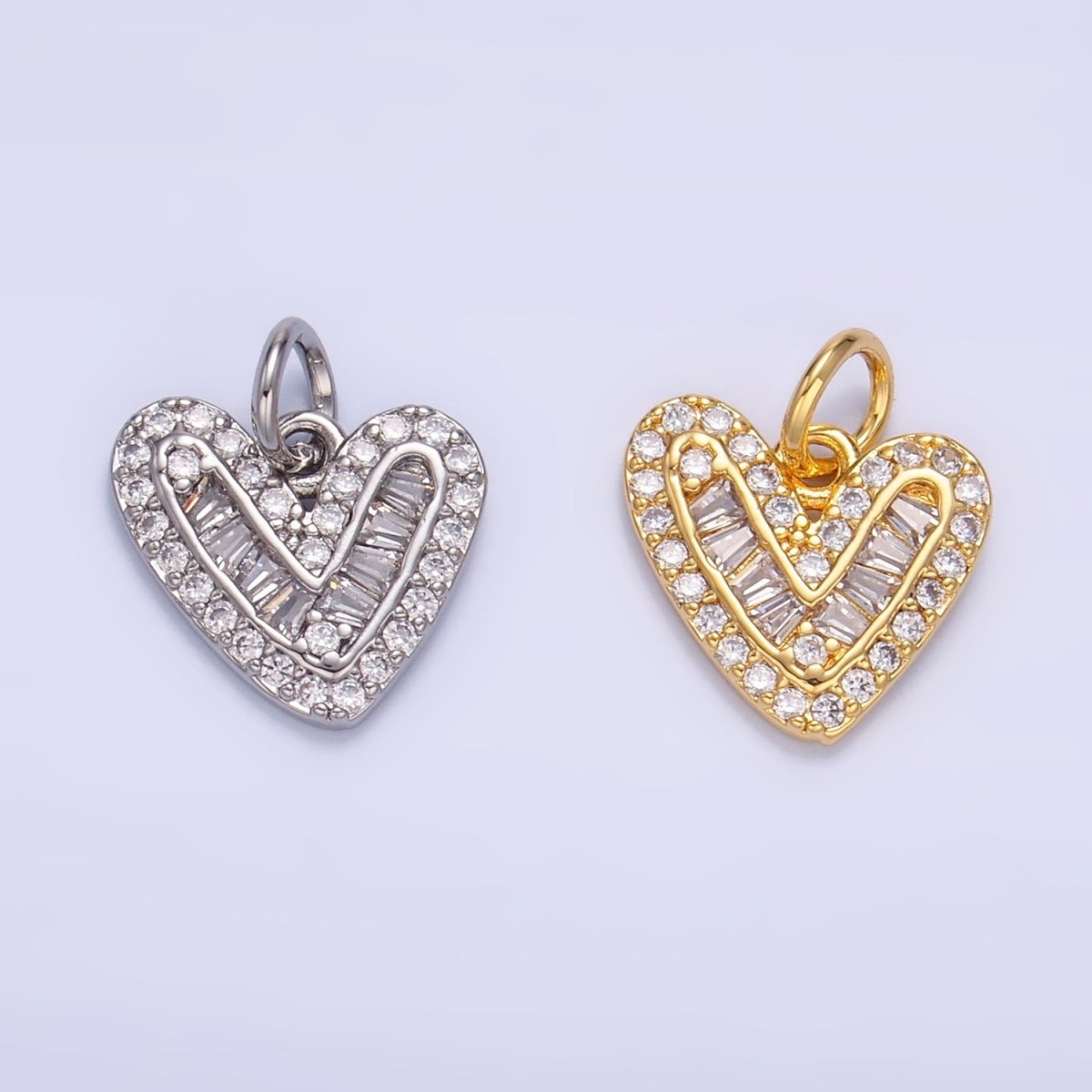 24K Gold Filled Micro Paved CZ Baguette Heart Charm in Gold & Silver | W446 - DLUXCA