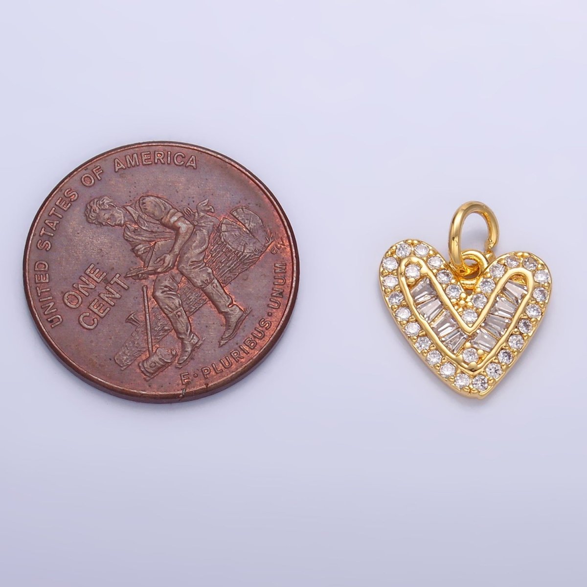 24K Gold Filled Micro Paved CZ Baguette Heart Charm in Gold & Silver | W446 - DLUXCA