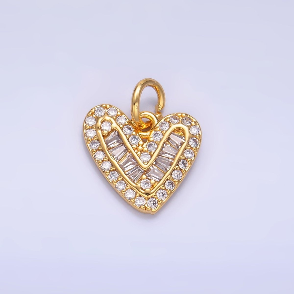 24K Gold Filled Micro Paved CZ Baguette Heart Charm in Gold & Silver | W446 - DLUXCA