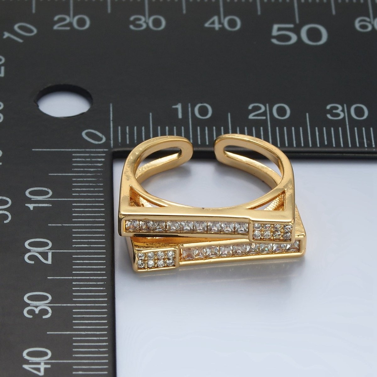 24k Gold Filled Micro Paved CZ Bar Double Band Adjustable Ring | O - 1414 - DLUXCA