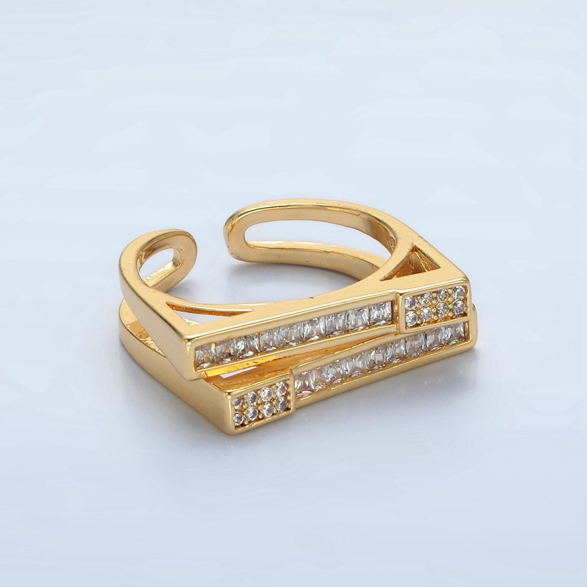 24k Gold Filled Micro Paved CZ Bar Double Band Adjustable Ring | O - 1414 - DLUXCA