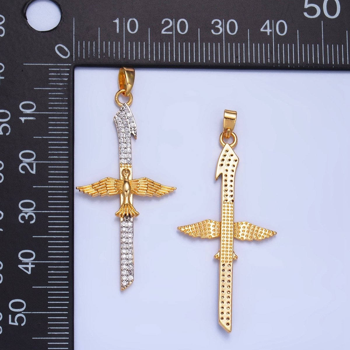 24K Gold Filled Micro Paved CZ Bird Cross Mixed Metal Pendant | AA1009 - DLUXCA