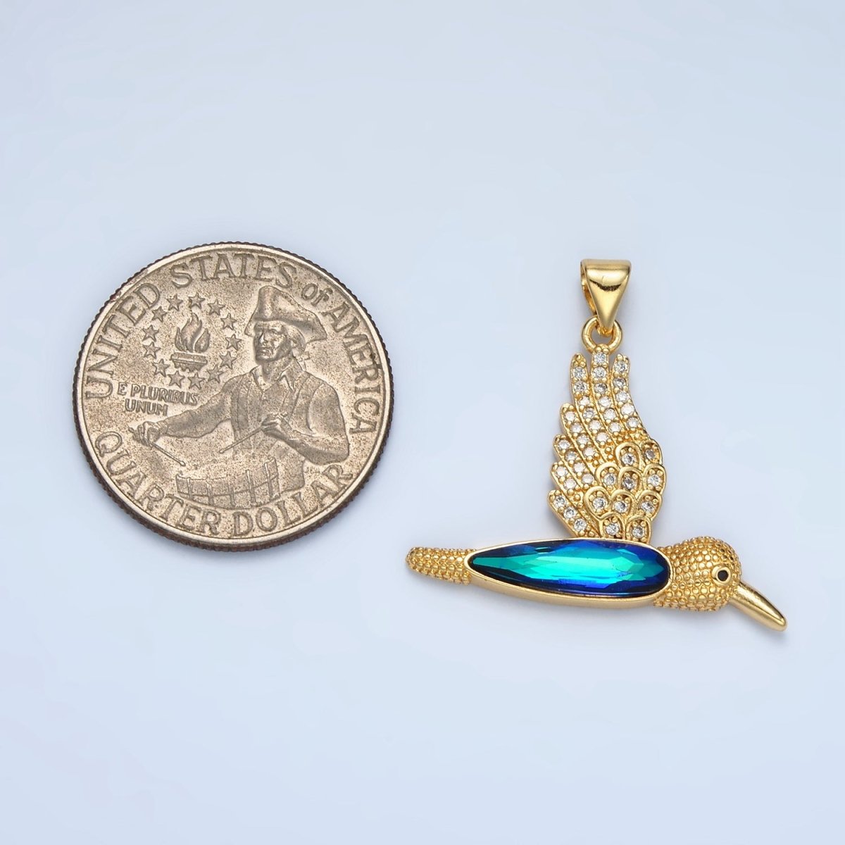 24K Gold Filled Micro Paved CZ Blue Humming Bird Pendant | AA - 905 - DLUXCA